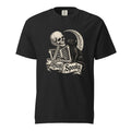 Black T-shirt with a monochrome seated skeleton beside a black cat and crescent moon, framed by a distressed “Stay Spooky” banner.