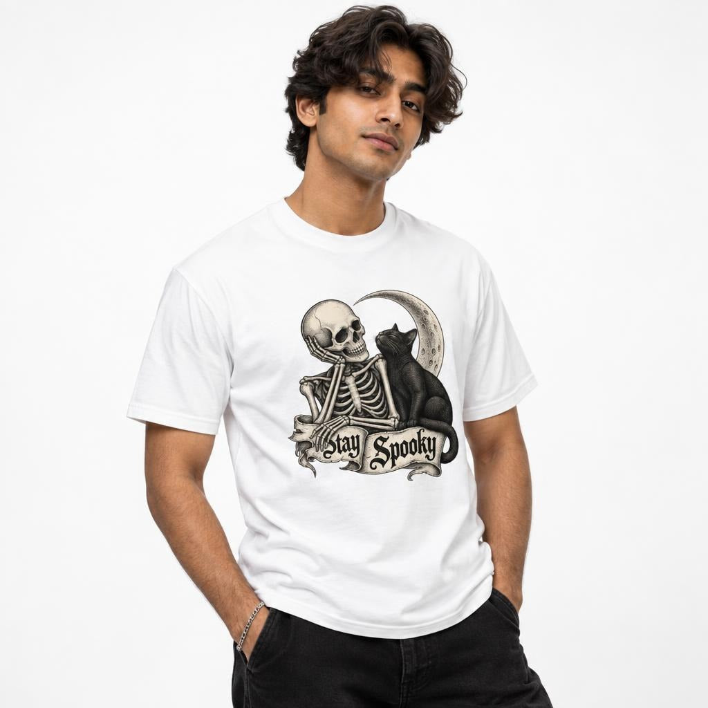 Front view of a person wearing a white T-shirt with a skeleton, black cat, crescent moon, and “Stay Spooky” banner.