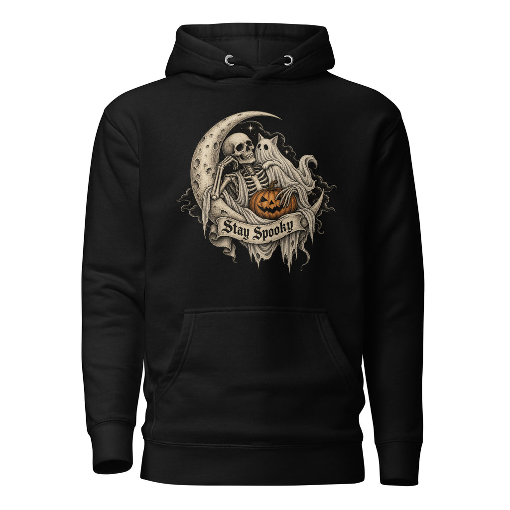 Front view of a Black hoodie featuring a skeleton, pumpkin, ghost, crescent moon and distressed Stay Spooky banner.