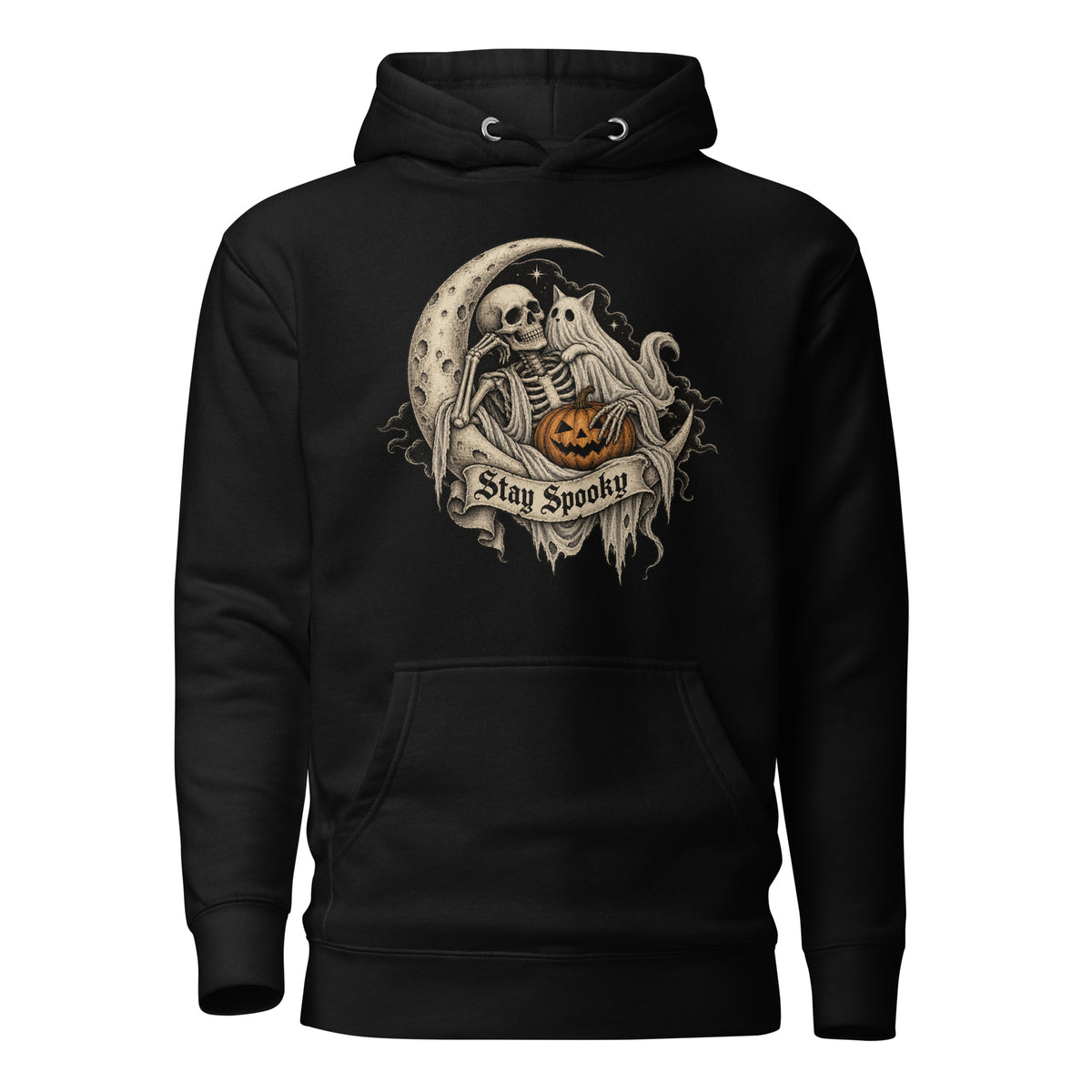Front view of a Black hoodie featuring a skeleton, pumpkin, ghost, crescent moon and distressed Stay Spooky banner.