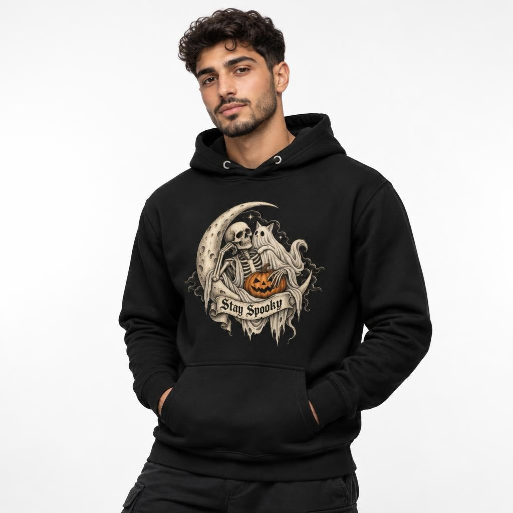 Front model view of a Black hoodie featuring a skeleton, ghost, crescent moon and pumpkin beneath a Stay Spooky banner.