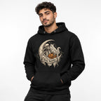 Front model view of a Black hoodie featuring a skeleton, ghost, crescent moon and pumpkin beneath a Stay Spooky banner.