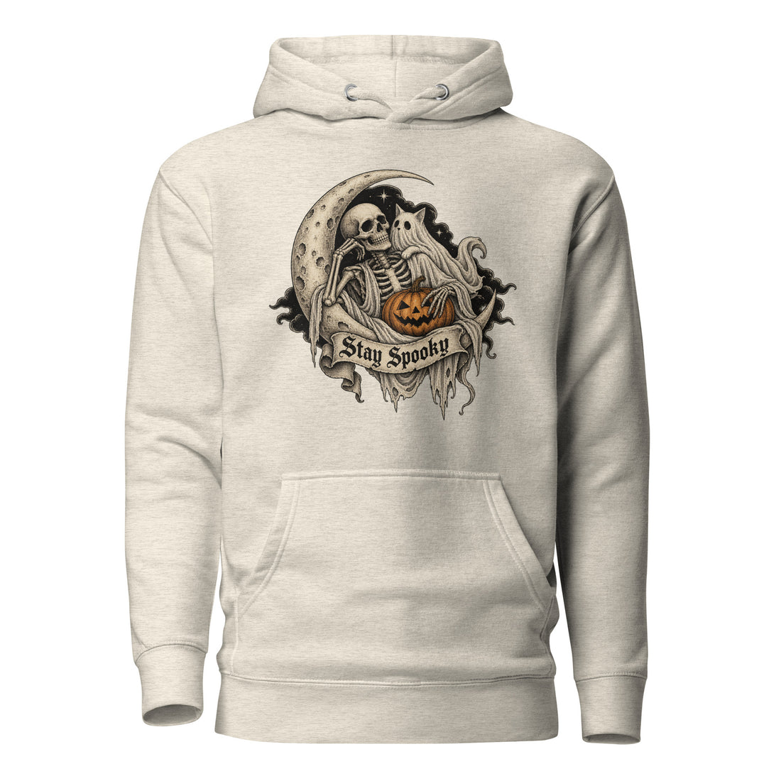 Front view of an Oatmeal Heather hoodie with a vintage skeleton, ghost, crescent moon and pumpkin beneath a Stay Spooky banner.