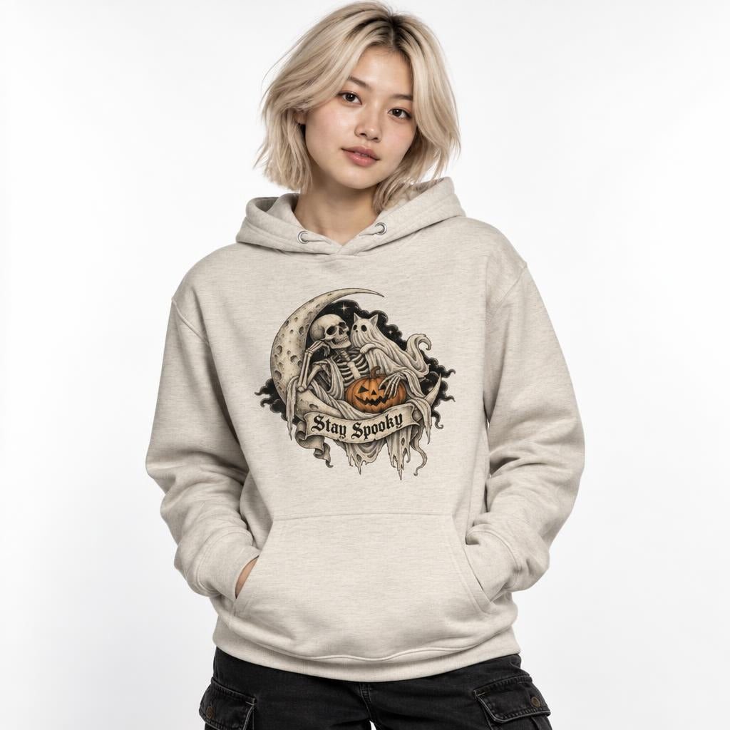 Front view of an Oatmeal Heather hoodie with a vintage gothic skeleton, ghost, and carved pumpkin graphic beneath a Stay Spooky banner.