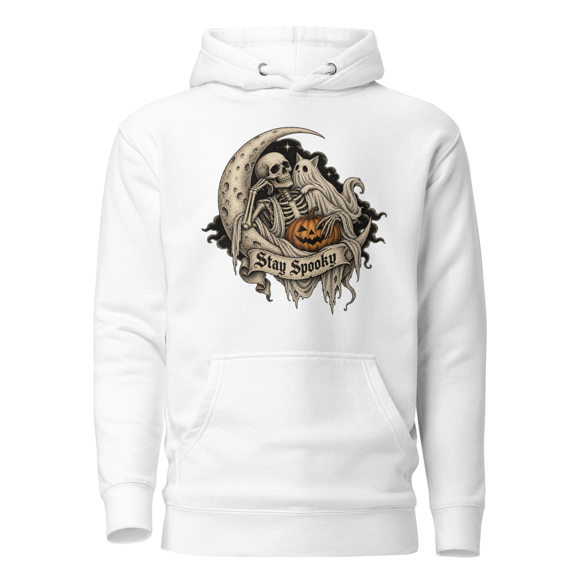 Front view of a white hoodie featuring a skeleton, ghost, crescent moon and carved pumpkin above a distressed “Stay Spooky” banner.