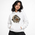 Model wearing a white hoodie with a vintage Halloween design featuring a skeleton, ghost, pumpkin and Stay Spooky banner.
