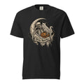 Front view of a black T-shirt featuring a gothic skeleton and ghost beneath a crescent moon, holding a carved pumpkin with a “Stay Spooky” banner.