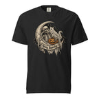 Front view of a black T-shirt featuring a gothic skeleton and ghost beneath a crescent moon, holding a carved pumpkin with a “Stay Spooky” banner.