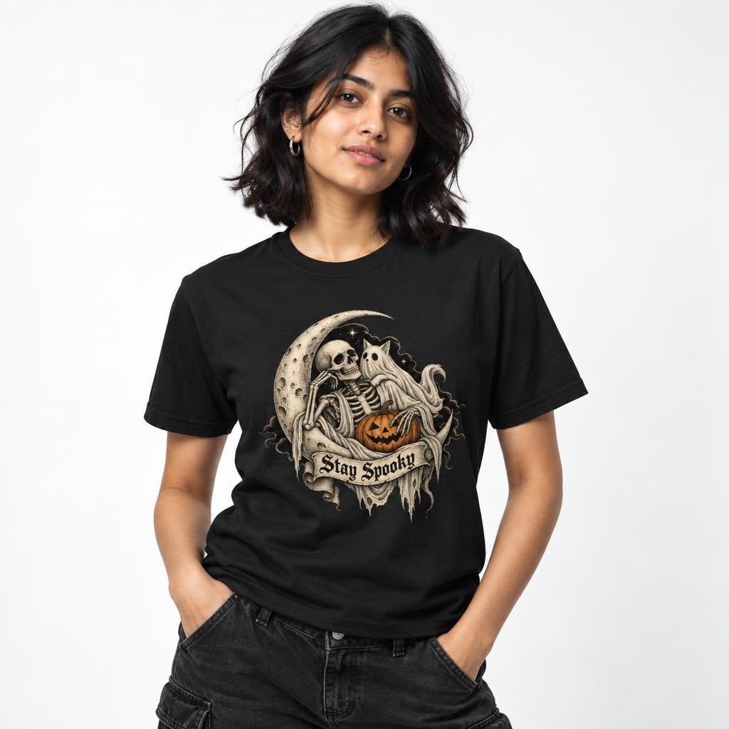 Model wearing a black T-shirt with a gothic skeleton, ghost and carved pumpkin beneath a crescent moon and Stay Spooky banner