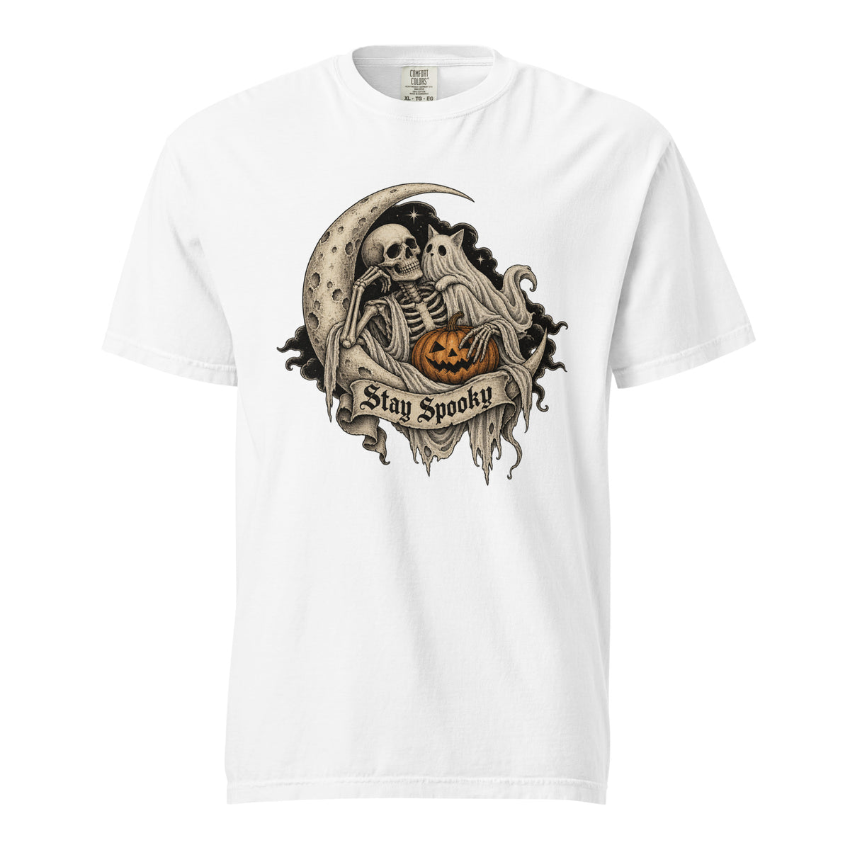Front view of a white T-shirt with a gothic skeleton, ghost, crescent moon, carved pumpkin, and “Stay Spooky” banner.