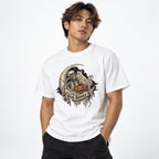Front view of a model wearing a white T-shirt with a gothic skeleton, ghost, crescent moon, and carved pumpkin graphic.