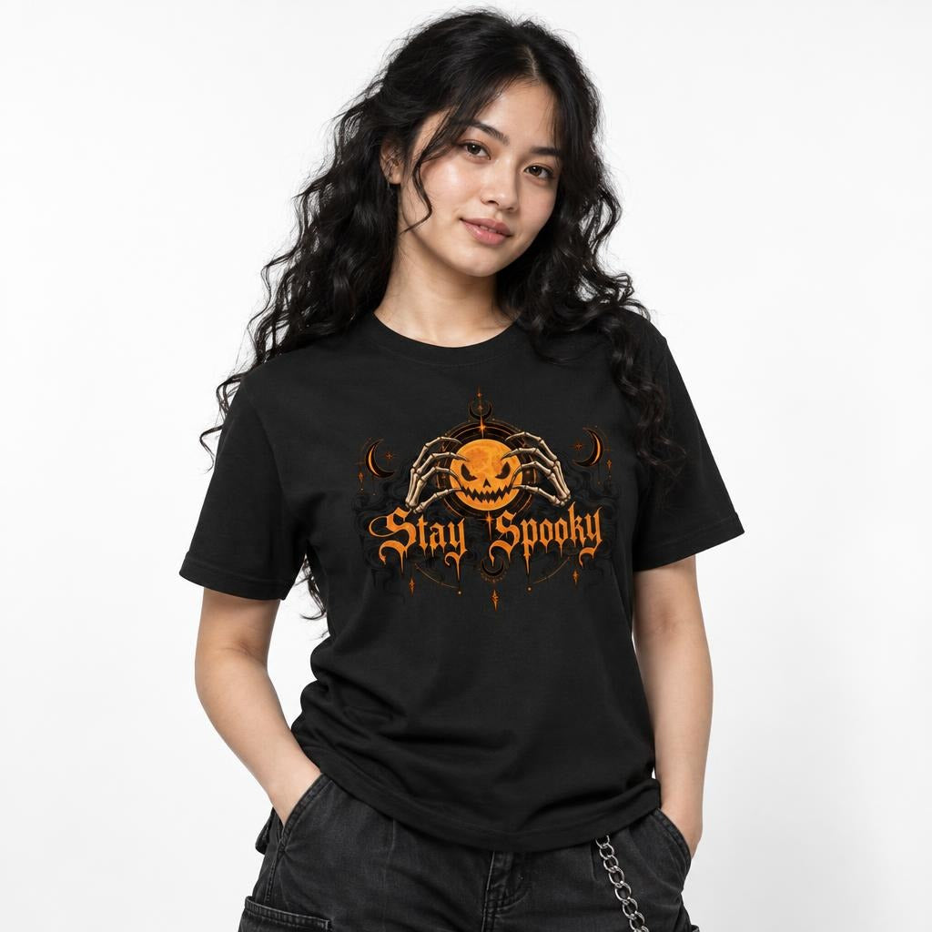 Front view of a Black T-shirt featuring a glowing Jack-O'-Lantern held by Skeleton Hands above ornate “Stay Spooky” lettering.