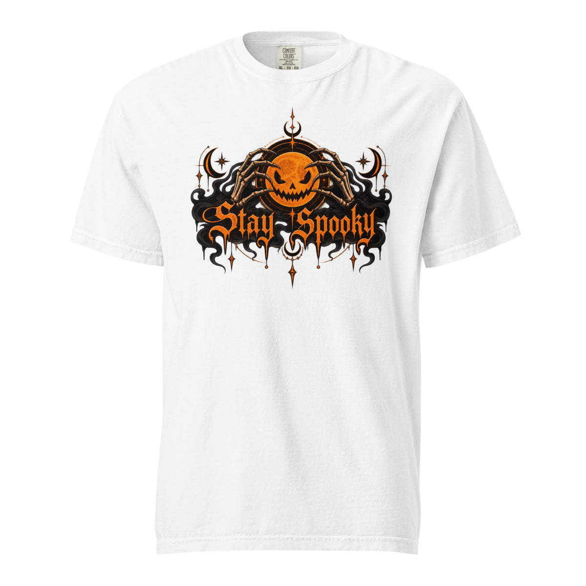 Front view of a white T-shirt with a glowing Jack-O'-Lantern held by Skeleton Hands above ornate orange “Stay Spooky” lettering.