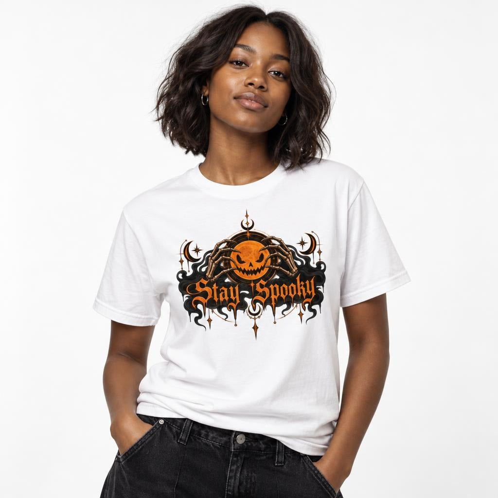 Model wearing a white T-shirt with a Stay Spooky graphic featuring a jack-o'-lantern held by skeleton hands, moons and stars.