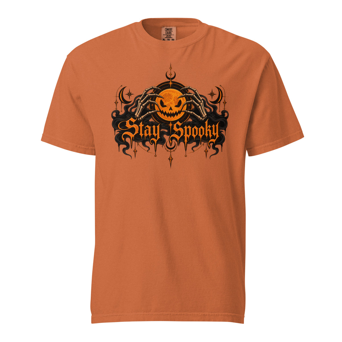 Front view of a Yam T-shirt with a glowing Jack-O'-Lantern held by Skeleton Hands above ornate Stay Spooky lettering.