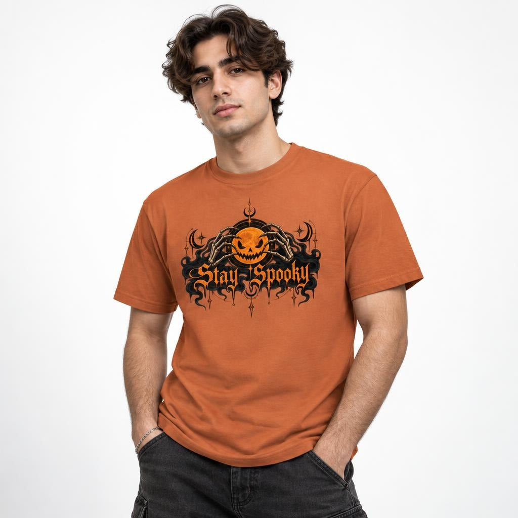 Model wearing a Yam T-shirt with a glowing Jack-O'-Lantern held by Skeleton Hands above ornate “Stay Spooky” lettering.