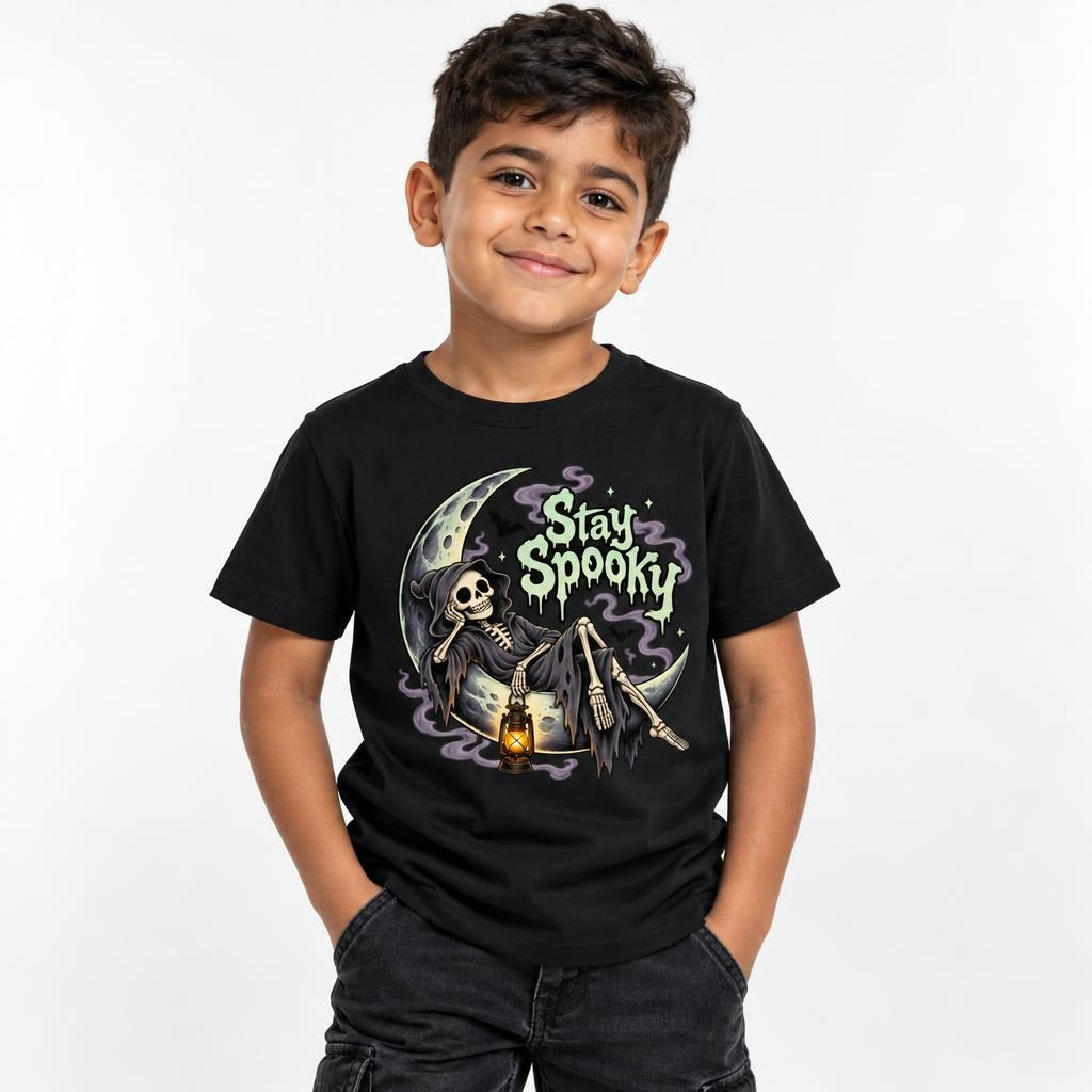Child wearing a black T-shirt with a Stay Spooky graphic showing a skeleton on a crescent moon holding a glowing lantern.