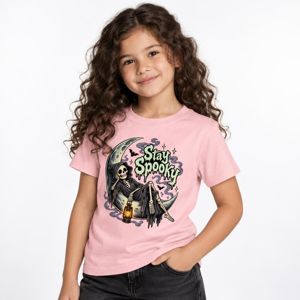 Front view of a child wearing a Pink kids' T-shirt with a Stay Spooky skeleton, crescent moon and lantern graphic.