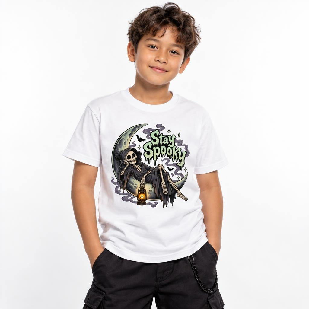 Front view of a child wearing a white T-shirt with Stay Spooky lettering, a skeleton on a crescent moon, and a glowing lantern.