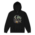 Front view of a black hoodie featuring “Stay Spooky” lettering, a cloaked skeleton reclining on a crescent moon with a lantern, bats, and stars.