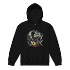 Front view of a black hoodie featuring “Stay Spooky” lettering, a cloaked skeleton reclining on a crescent moon with a lantern, bats, and stars.