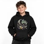 Front view of a black hoodie featuring a Stay Spooky graphic with a skeleton reclining on a crescent moon and holding a lantern.