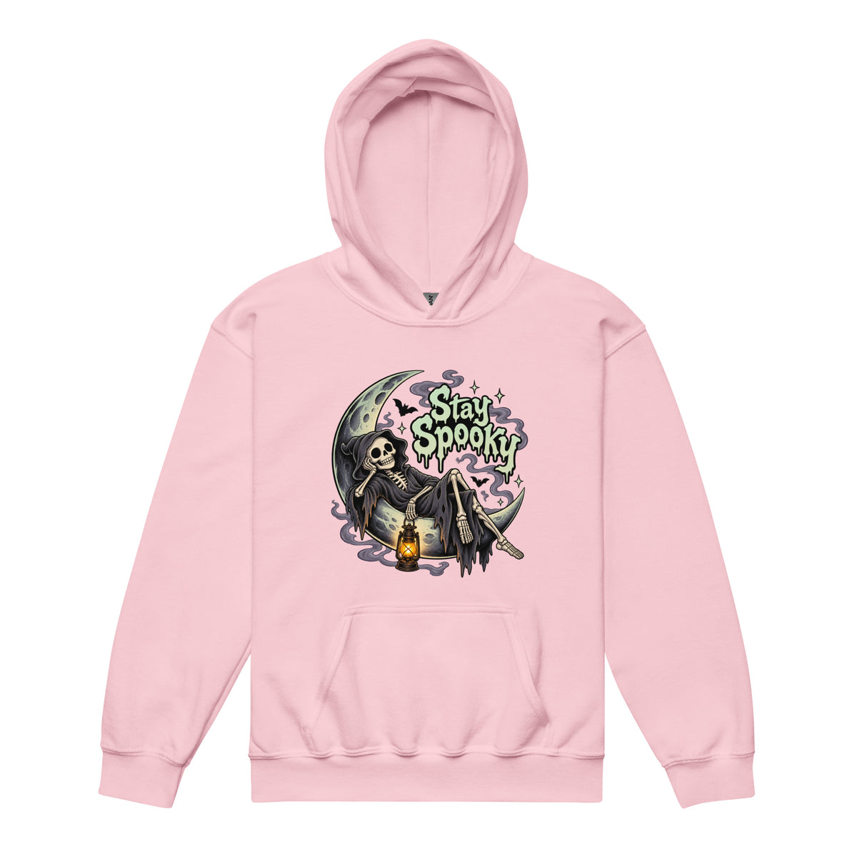 Front view of a light pink hoodie with a Stay Spooky graphic showing a skeleton reclining on a crescent moon and holding a lantern.