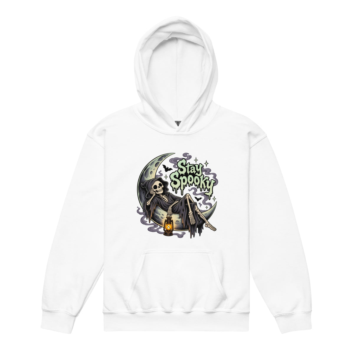 Front view of a White hoodie featuring a cloaked skeleton reclining on a crescent moon with a glowing lantern and “Stay Spooky” lettering.