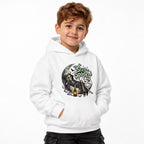 Front view of a child wearing a white hoodie with a Stay Spooky graphic of a skeleton on a crescent moon holding a lantern.
