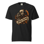 Front view of a black T-shirt featuring a skull reading an ornate book beside a raven and orange moon, with a Stay Spooky banner.