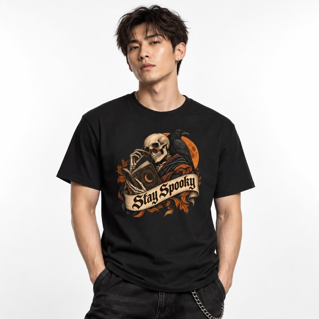 Model wearing a black T-shirt with a gothic skull reading a book beside a raven and orange moon, under a Stay Spooky banner.