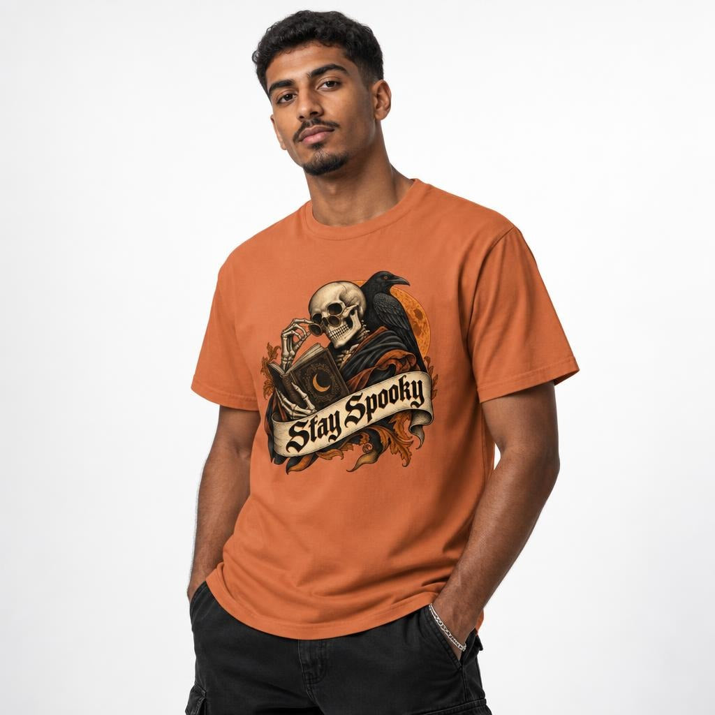 Model wearing a Yam T-shirt with a gothic Skull, Raven, and Moon illustration beneath a readable “Stay Spooky” banner.