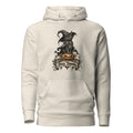 Front view of an Oatmeal Heather hoodie with a black cat in a witch hat perched on an orange pumpkin and Stay Spooky lettering.