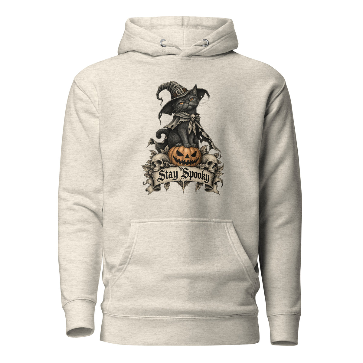 Front view of an Oatmeal Heather hoodie with a black cat in a witch hat perched on an orange pumpkin and Stay Spooky lettering.