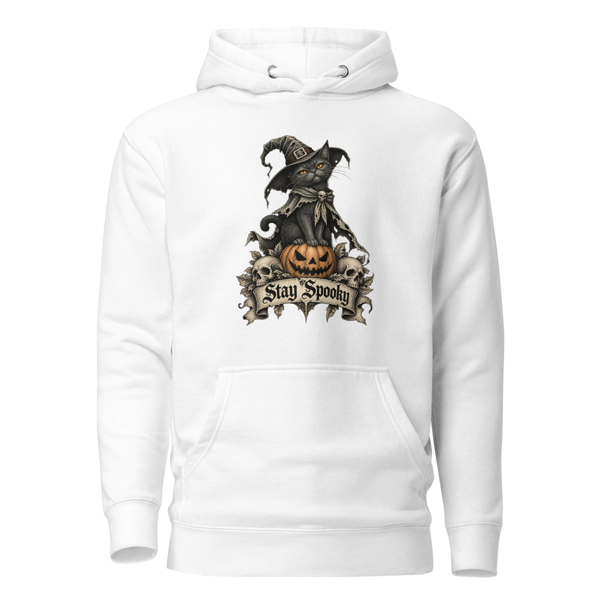 Front view of a white hoodie featuring a black cat in a witch hat sitting on an orange pumpkin with “Stay Spooky” lettering.