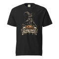 Front view of a Black T-shirt featuring a witch-hat cat on a carved pumpkin, flanked by skulls and a “Stay Spooky” banner.