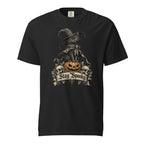 Front view of a Black T-shirt featuring a witch-hat cat on a carved pumpkin, flanked by skulls and a “Stay Spooky” banner.