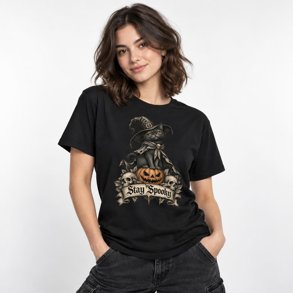 Model wearing a black T-shirt featuring a witch cat sitting on a pumpkin, with skulls and a distressed Stay Spooky banner.