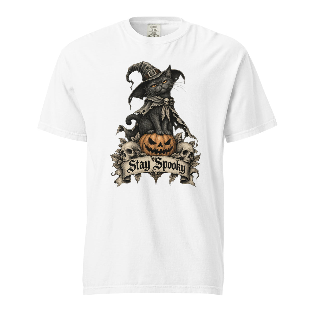 Front view of a White T-shirt featuring a witch cat sitting on a carved pumpkin, with skulls and a Stay Spooky banner.