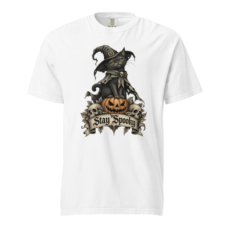 Front view of a White T-shirt featuring a witch cat sitting on a carved pumpkin, with skulls and a Stay Spooky banner.