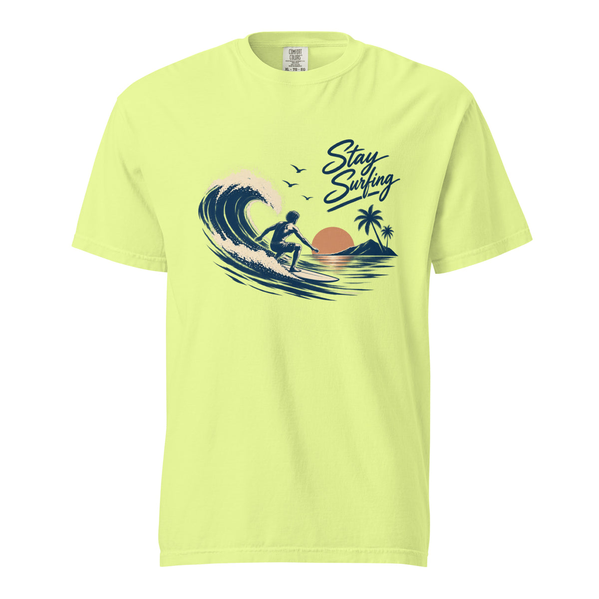 Front view of a Neon Lemon T-shirt featuring a surfer riding a wave with a palm tree, sun, birds, and “Stay Surfing” text.