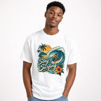 Surfer Riding Wave t shirt in White worn by a studio model in an upper-body front relaxed pose on a clean white background