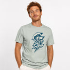 Stay Surfing t shirt in Bay worn by a studio model in an upper-body walking pose on a clean white background