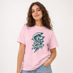 Stay Surfing t shirt in Blossom worn by a studio model in an upper-body three quarter right pose on a clean white background