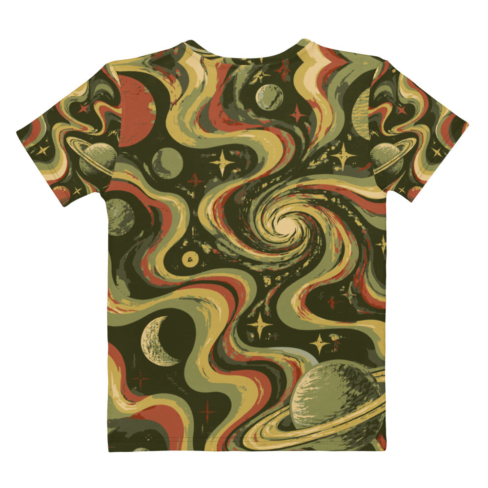 White t shirt featuring All-over retro cosmic artwork in olive, cream, mustard and red. The front shows the readable words “Stay Weird” beneath a UFO carrying a silhouetted alien, with stars, moons and ringed planets; th