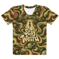 White T-shirt with a retro UFO carrying a silhouetted alien above “Stay Weird,” surrounded by stars, moons and ringed planets.