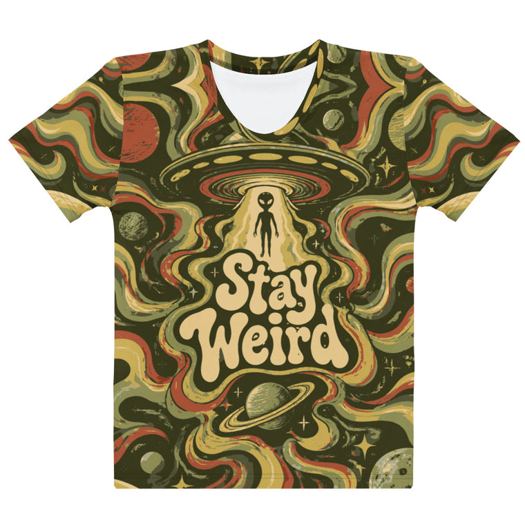 White T-shirt with a retro UFO carrying a silhouetted alien above “Stay Weird,” surrounded by stars, moons and ringed planets.