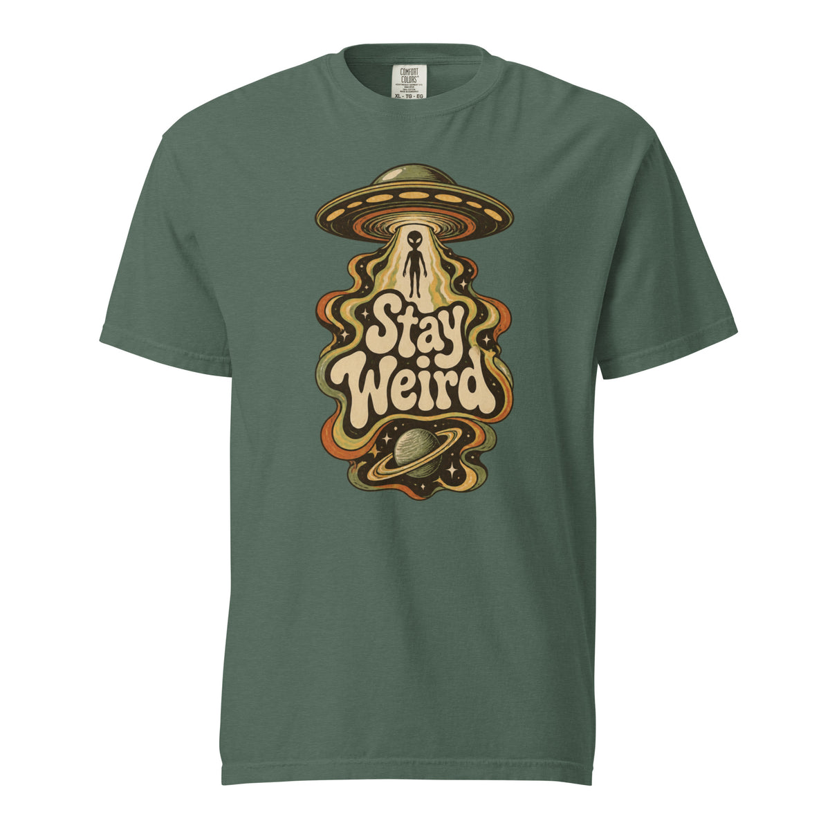 Front view of a Blue Spruce T-shirt featuring a retro Alien beneath a UFO, ringed planet, stars, and “Stay Weird” lettering.