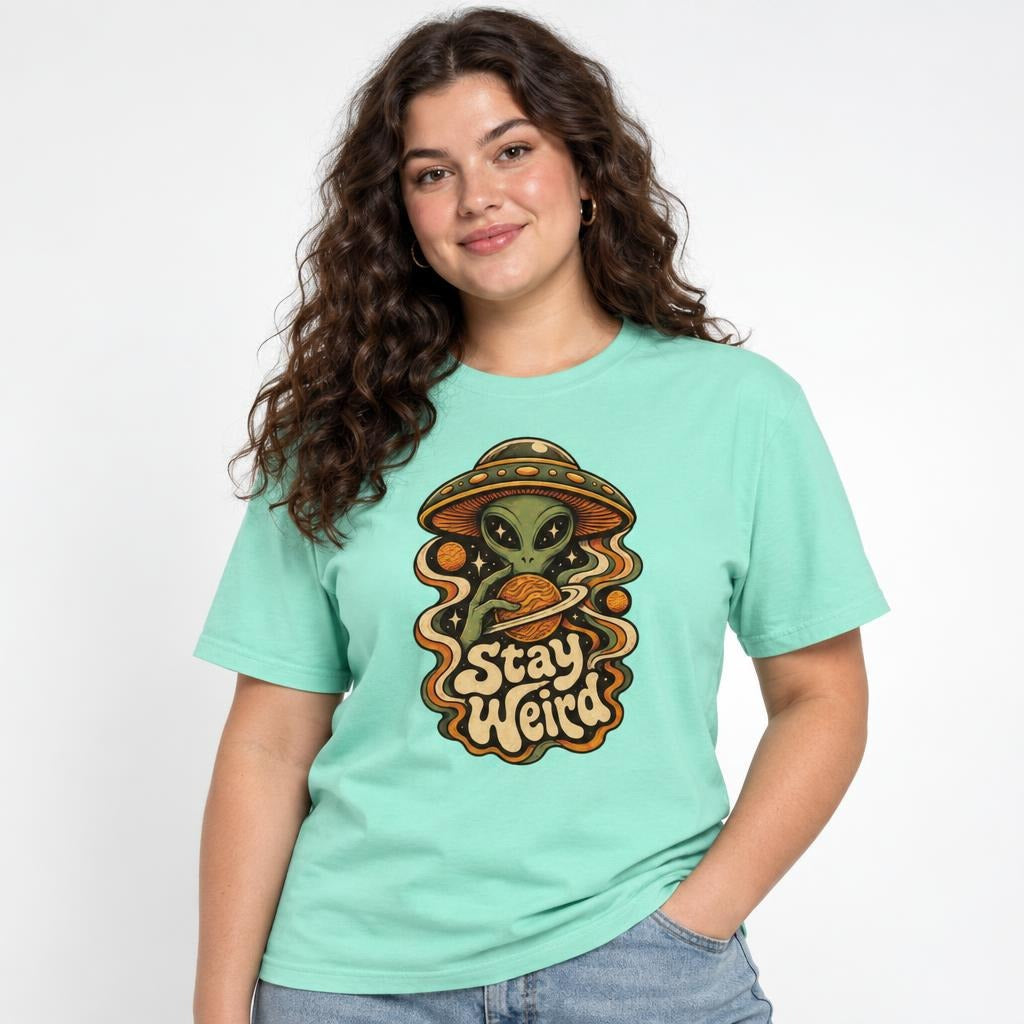 Alien t shirt in Chalky Mint worn by a studio model in an upper-body three quarter right pose on a clean white background