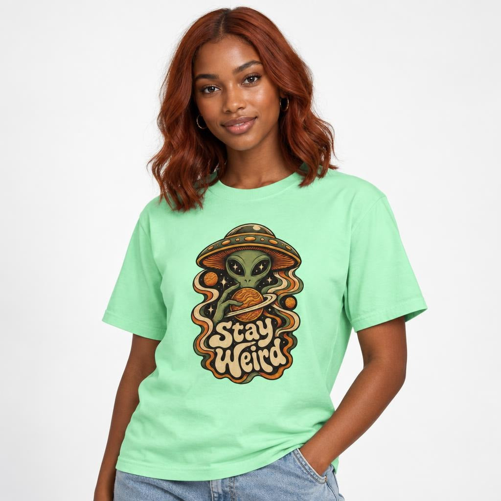 Alien t shirt in Island Reef worn by a studio model in an upper-body three quarter left pose on a clean white background